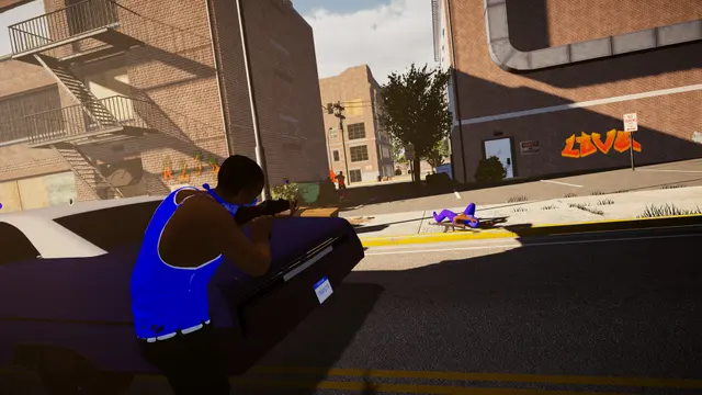 A character aiming over a car toward a city street
