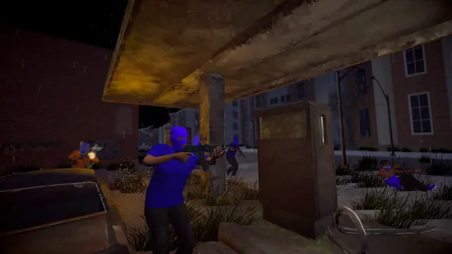 Characters exchanging fire beneath an elevated railway