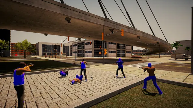 Characters on a plaza beneath an elevated railway