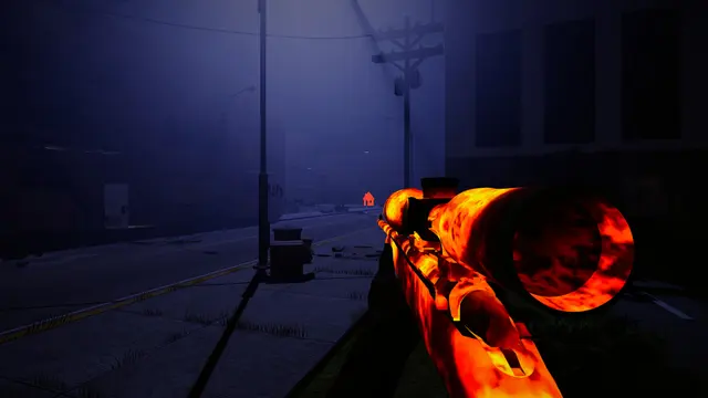 Glowing patterned rifle and scope on a street at night