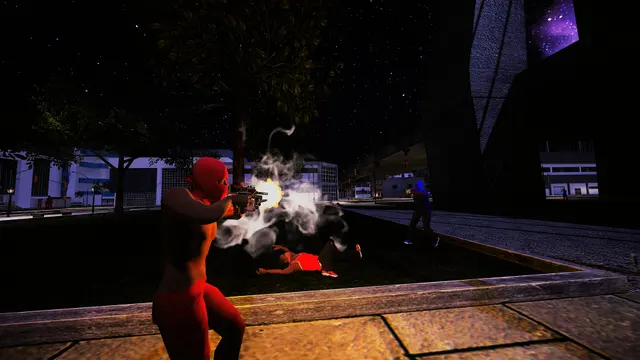 A character firing beside a park fountain at night