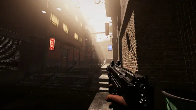 First-person view down a narrow sunlit brick alley