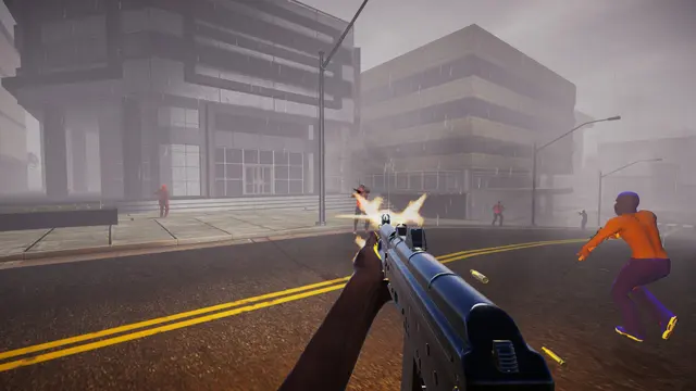 First-person street fight among tall buildings