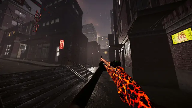 Patterned rifle beside a brick building and fire escape