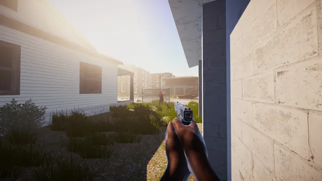 First-person view between suburban houses