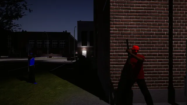 Characters beside a brick wall on a dark street