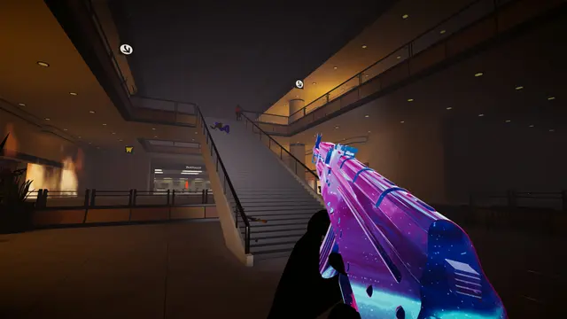 Purple patterned rifle overlooking an indoor gallery
