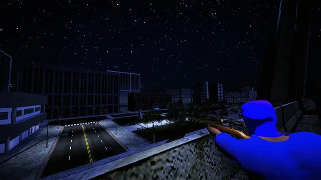 A character aiming over a canal at night