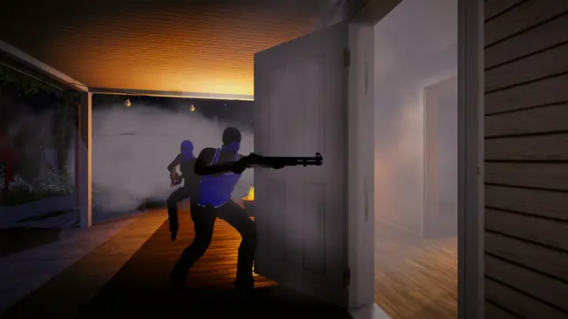 A character firing down an indoor hallway