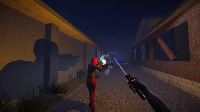 Characters exchanging fire along a brick alley