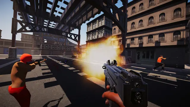 First-person firefight beneath an elevated railway