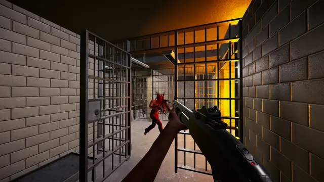 First-person view through an open barred cell door