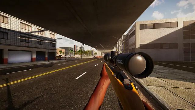 Scoped rifle looking along an industrial street