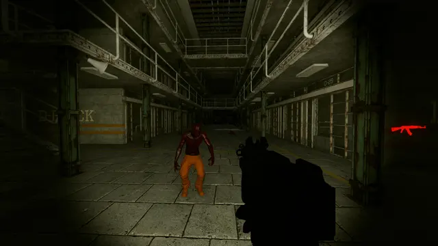 First-person view toward a figure in a dim prison corridor