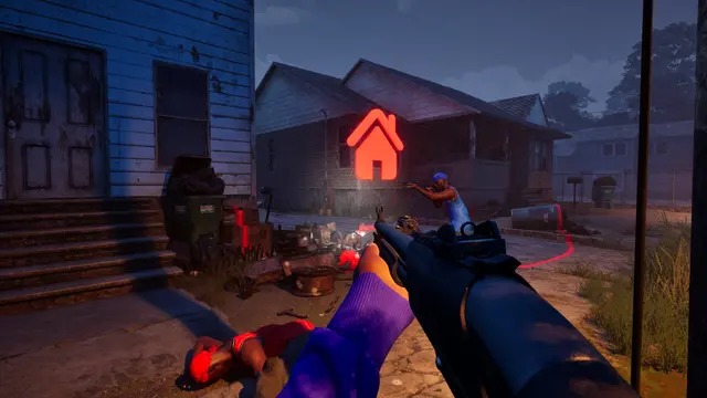 First-person street fight beside blue houses at dusk