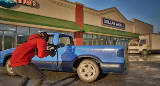 A character aiming beside a blue pickup outside a shopping strip