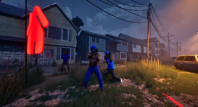 Characters outside neighborhood houses beneath an objective marker