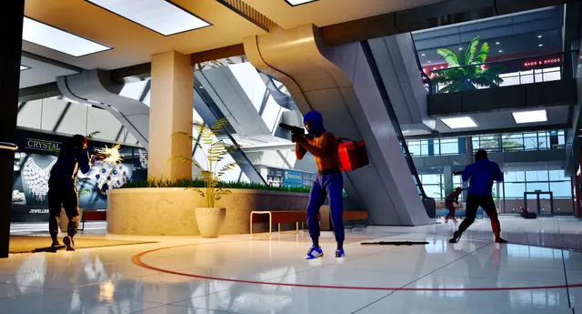 Characters inside a bright mall atrium with escalators