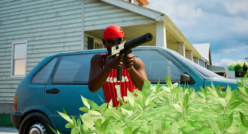 A character aiming beside a blue car and green hedge