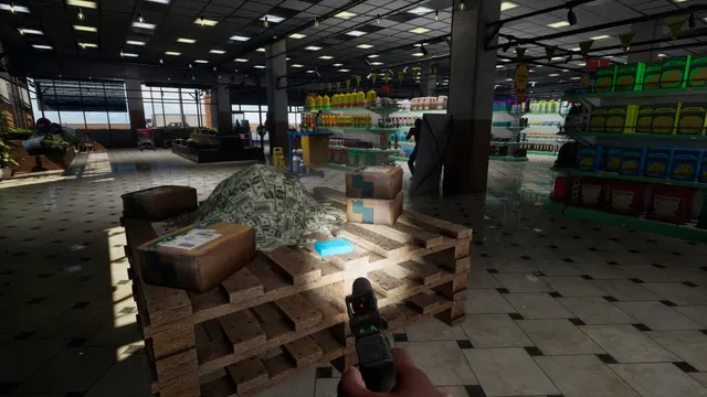 First-person view among pallets and shelves inside a store