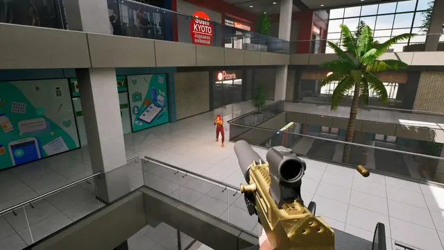 First-person view over a mall balcony and central palm tree